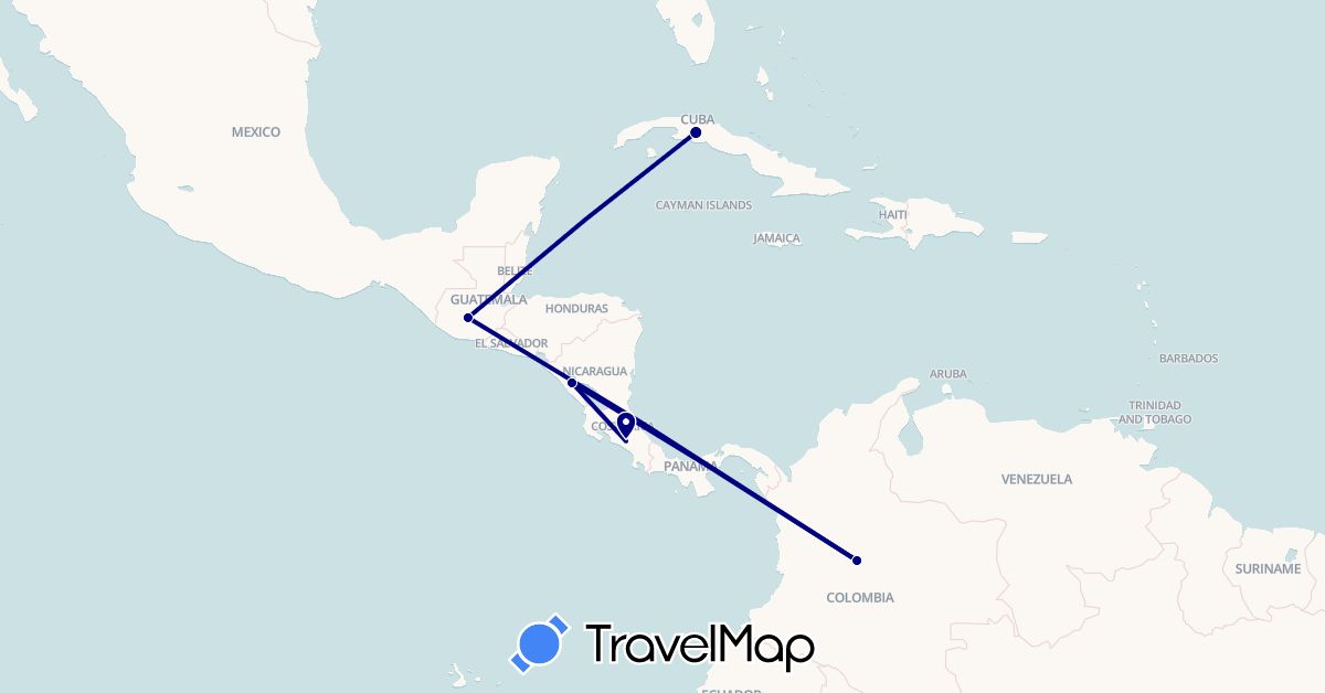 TravelMap itinerary: driving in Colombia, Costa Rica, Cuba, Guatemala, Nicaragua (North America, South America)
